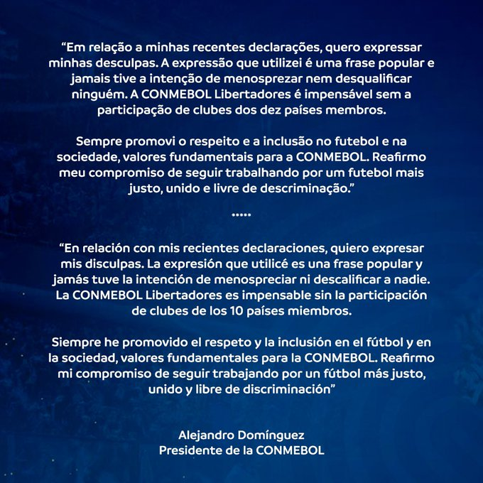 Presidente da Conmebol compara Libertadores sem brasileiros a 'Tarzan sem a Chita'