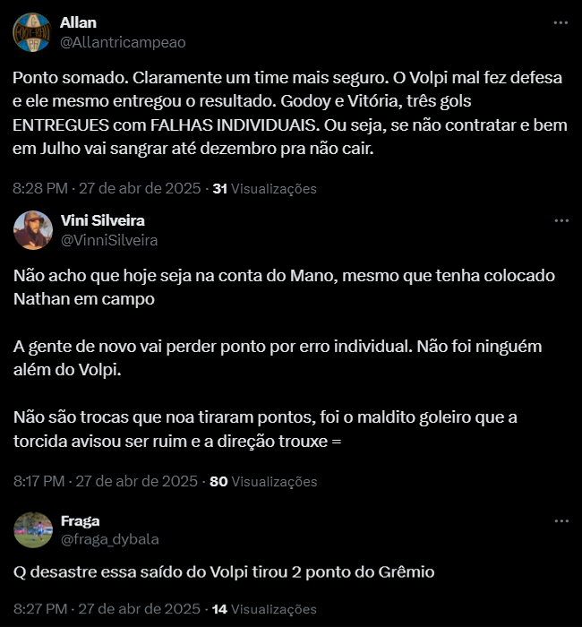 Erro de Volpi revolta torcida do Grêmio após empate frustrante contra o Vitória