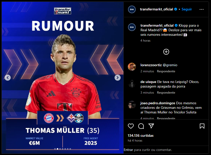 Grêmio agita bastidores e mira craque do Bayern de Munique: Thomas Müller pode pintar na Arena
