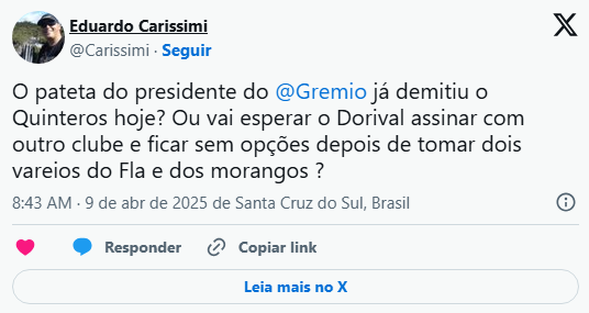 Mesmo com vitória do Grêmio torcida não perdoa e pede saída de Quinteros “Fora Quinteros”