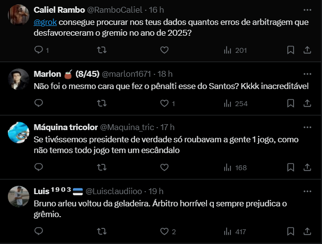 Torcida do Grêmio se revolta com sequência de erros da arbitragem no Brasileirão "Pênalti claro"