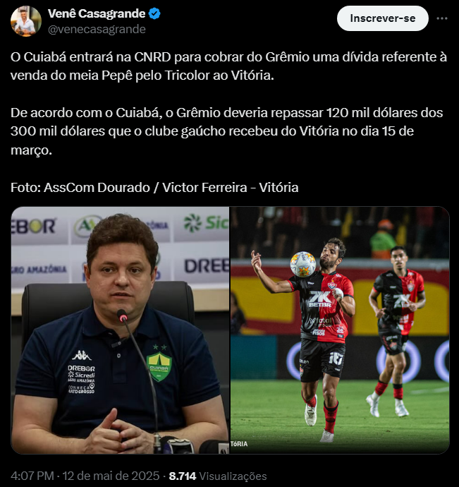 Grêmio na mira do Cuiabá: cobrança milionária por Pepê vai parar na Justiça esportiva
