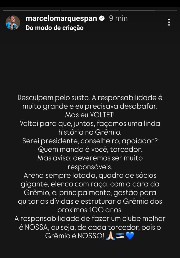 Marcelo Marques volta à cena e promete ‘reestruturar o Grêmio para as próximas décadas’
