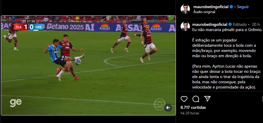 Mauro Beting dispara contra o pênalti marcado para o Grêmio: "Eu não marcaria"