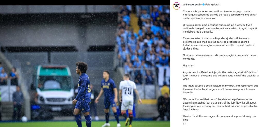 Após exame Willian vem a público e manda recado para a torcida do Grêmio