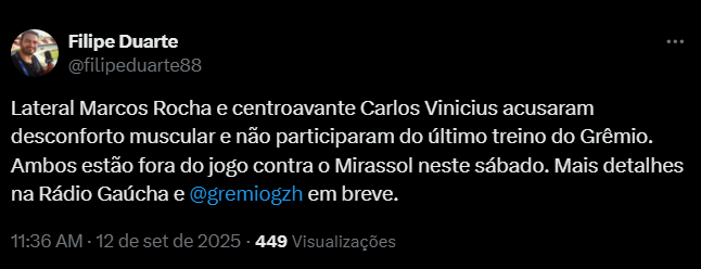 Dupla vira baixa de última hora e desfalca o Grêmio contra o Mirassol