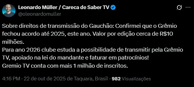 Grêmio quer fazer história em 2026 e estuda transmitir jogos pela própria ‘GrêmioTV’ e faturar alto com patrocínios