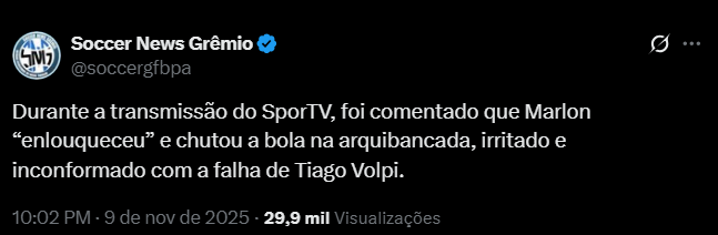 Lateral do Grêmio perde a cabeça após falha de Volpi e dispara: “Faltou atenção!”