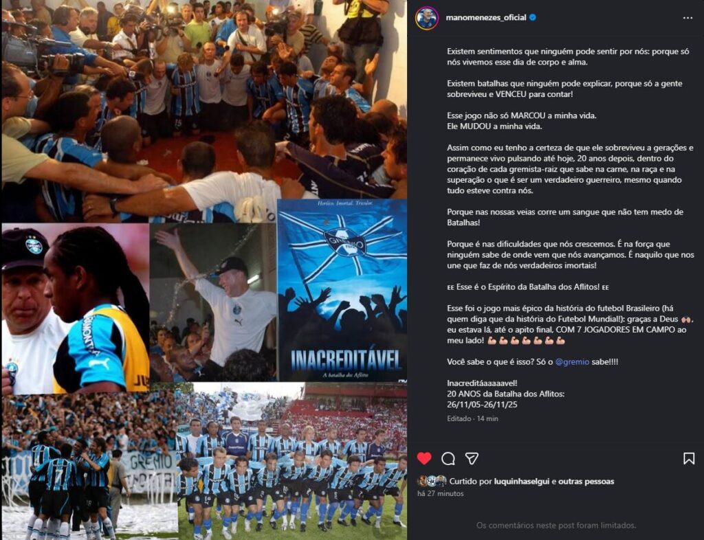 ‘Só o Grêmio sabe’: Mano resgata emoção da Batalha e lança recado que arrepia 20 anos depois”