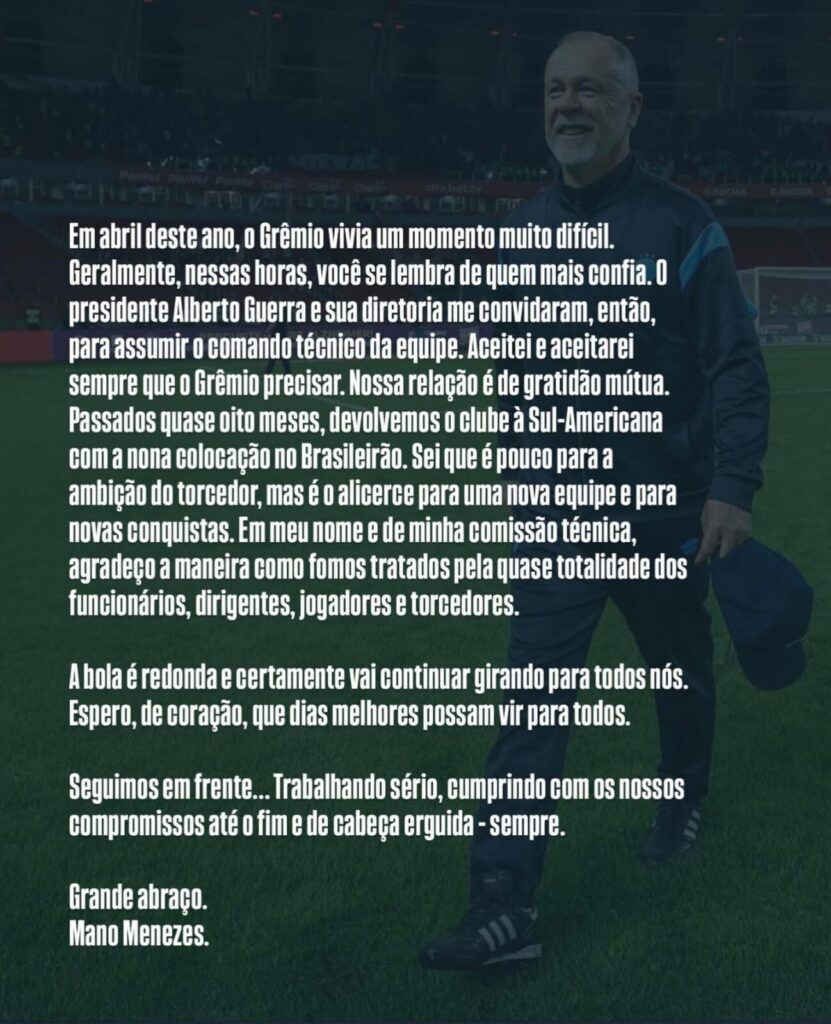Mano Menezes não é mais técnico do Grêmio
